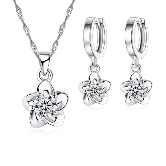 Jewelry - 925 Sterling Silver Flower Necklace and Earrings Set Blossoming Beauty Ensemble
